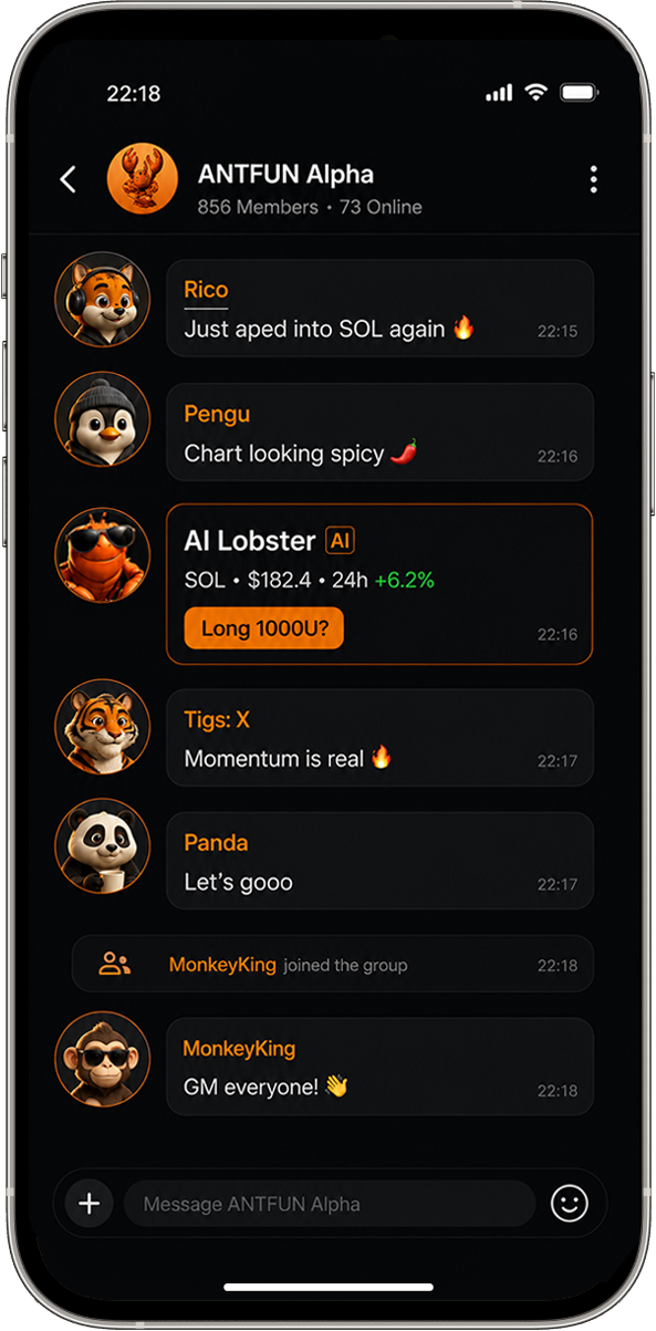 ANTFUN group chat screen: lobster, fox, penguin, tiger and panda mascots chatting in the ANTFUN Alpha group, with an AI Lobster reply showing the SOL price and a Long suggestion.