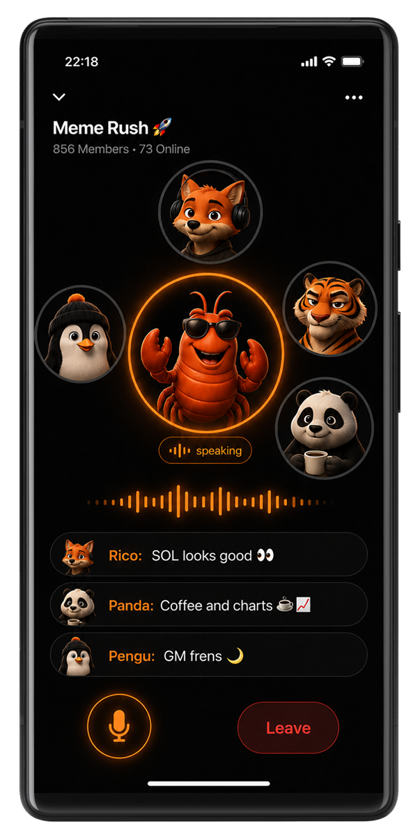 ANTFUN voice room screen: a sunglasses-wearing orange lobster mascot is speaking, surrounded by fox, penguin, tiger and panda; recent chat bubbles below.