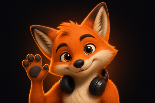 Orange fox in headphones waving hello