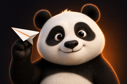Panda holding a small paper plane with an orange accent