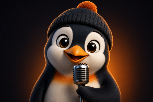 Penguin in a knit beanie holding a vintage microphone