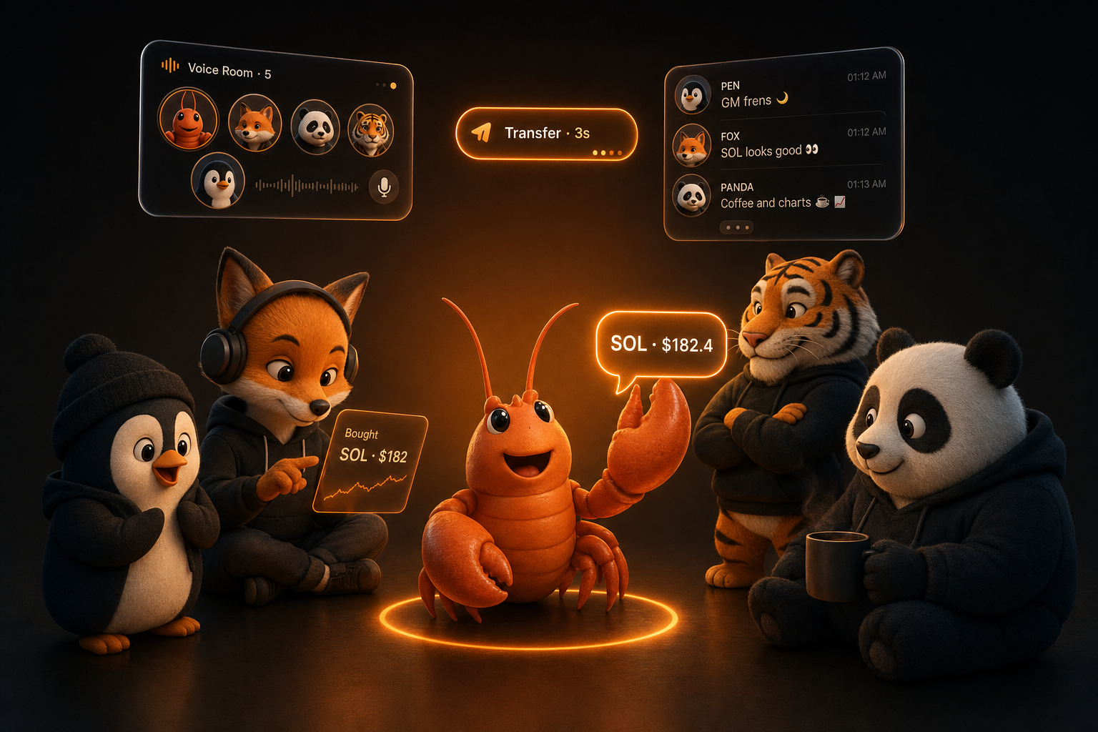 Group scene: an ANTFUN lobster speaking in the center, with a fox, panda, tiger, and penguin gathered around. Floating UI cards above include a voice room widget, a transfer pill, and chat-feed bubbles.